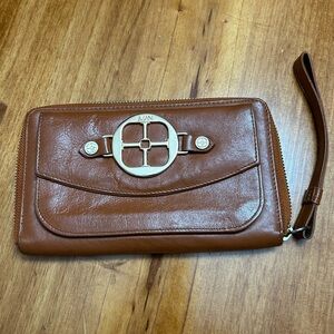 IMAN Tan Leather Wallet/Clutch with Gold Zipper